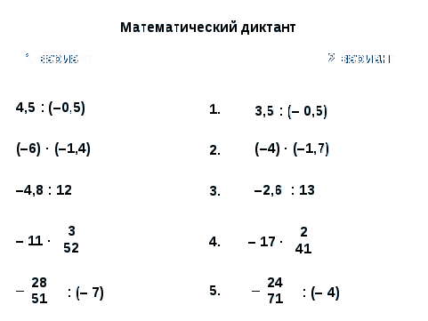 Урок по математике в 6 классе на тему «Умножение и деление положительных и отрицательных чисел»