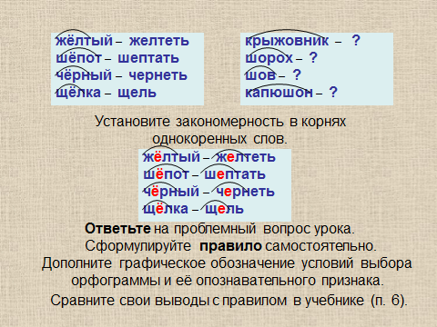 конспект урока "о-ё после шипящих" 5 класс