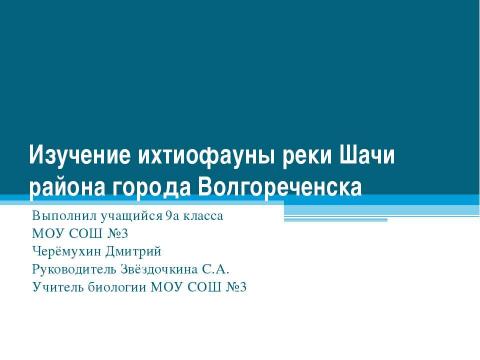 Презентация на тему "Изучение ихтиофауны реки Шачи района города Волгореченска" по обществознанию