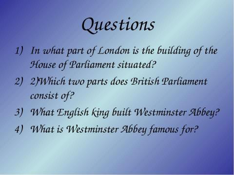 Презентация на тему "The House of Parliament and Westminster Abbey" по английскому языку