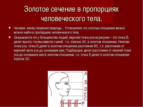 Презентация на тему "Золотое сечение и применение золотого сечения в жизни" по математике