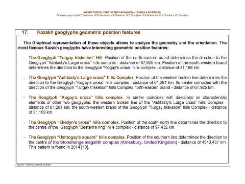 Презентация на тему "Ancient geoglyphs of the Kazakhstan (Forms and Positions) / Research papers by A.E.Dzubanov, M.G.Manatova, V.K.Sokolova, N.E.Sharipbek, V.A.Goriachikh, G.V.Pereboev, K.I.Samoilov. - Almaty, 2016." по МХК