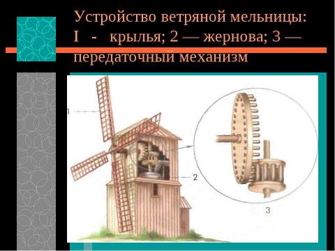 Презентация на тему "Преобразование энергии сил природы. Устройство передаточного механизма. Виды передач" по технологии