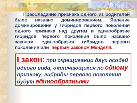 Презентация на тему "ИССЛЕДОВАНИЯ Г.МЕНДЕЛЯ. МОНОГИБРИДНОЕ СКРЕЩИВАНИЕ. I и II ЗАКОНЫ МЕНДЕЛЯ" по биологии