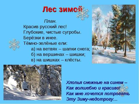 Презентация на тему "Урок - путешествие в зимний лес" по русскому языку