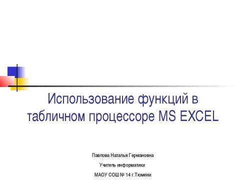 Презентация на тему "Использование функций в табличном процессоре MS EXCEL" по информатике