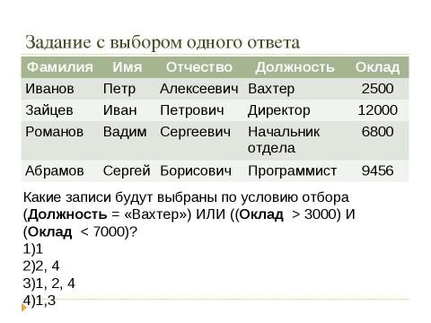 Презентация на тему "Решение заданий ЕГЭ то теме «Базы данных»" по информатике