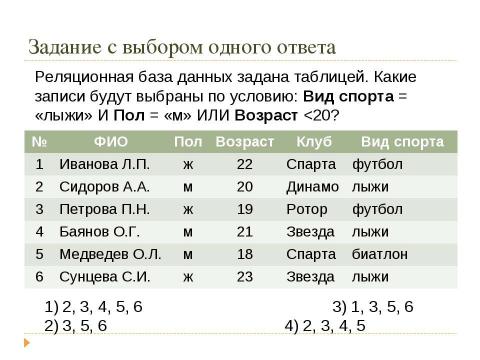 Презентация на тему "Решение заданий ЕГЭ то теме «Базы данных»" по информатике